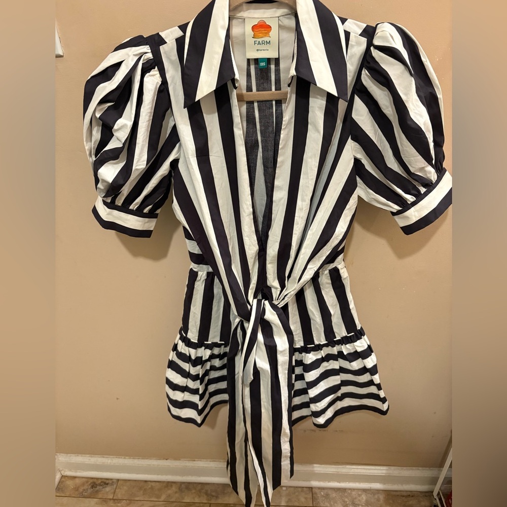 NWOT FARM Rio Mixed Stripes Black & White Short Sleeve Mini Dress Women’s XXS - Picture 12 of 16